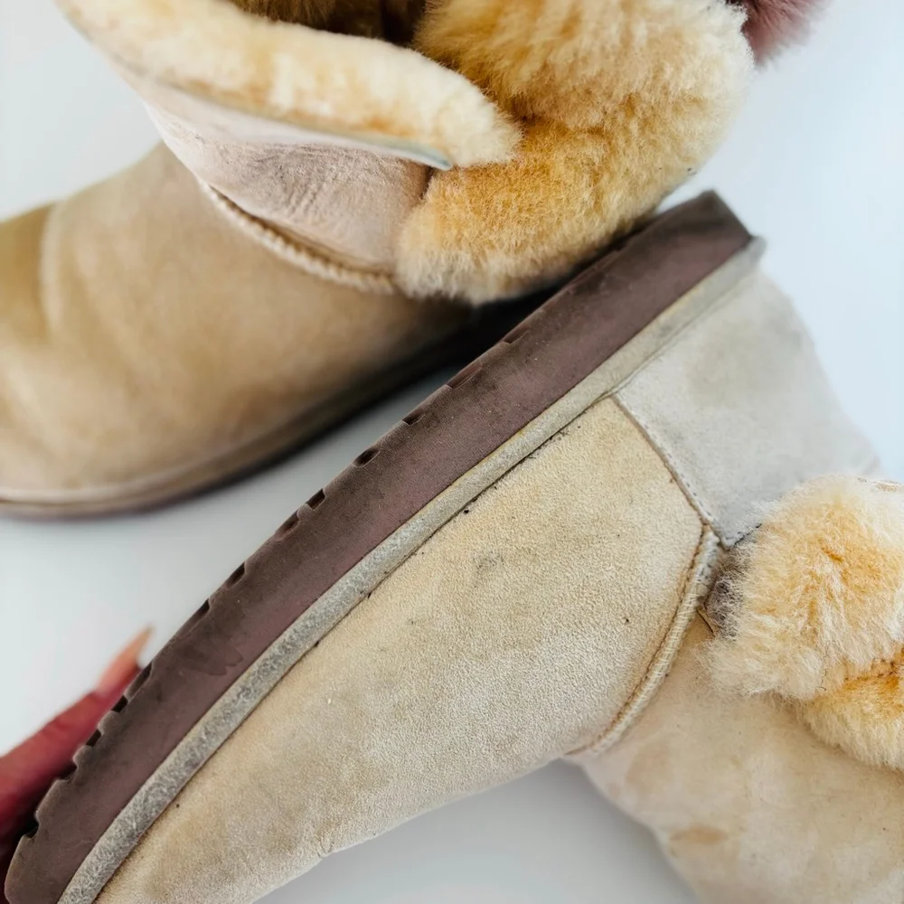 UGG Beige Sheepskin Winter Boots with Pink Pom Poms